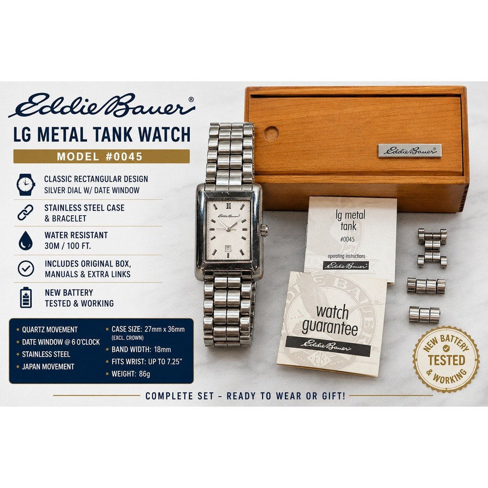 Eddie Bauer LG Metal Tank Watch 0045 Silver Dial Stainless Steel Box Set Mens